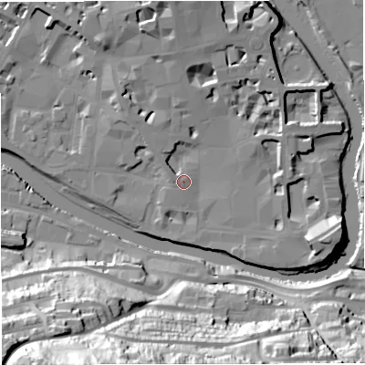 Shaded relief map of the ground around BA11UJ, computed from Environment Agency LiDAR. The ground here sits at about 20 m above sea level and falls 70 m across the surrounding 800 m. Surface water reaching this point runs off ground lying to the north-west, 1.8 m higher.