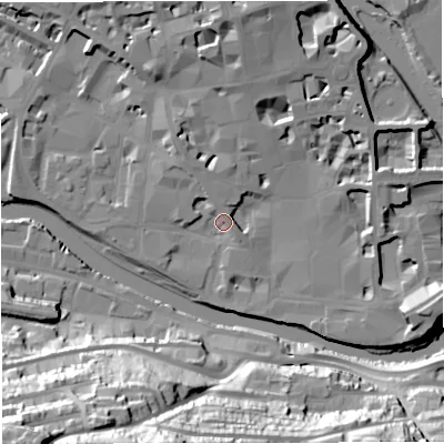 Shaded relief map of the ground around BA11UL, computed from Environment Agency LiDAR. The ground here sits at about 20 m above sea level and falls 51 m across the surrounding 800 m. Surface water reaching this point runs off ground lying to the north-north-west, 4.5 m higher.