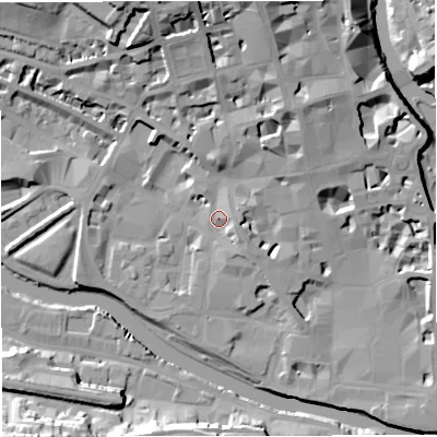 Shaded relief map of the ground around BA11UN, computed from Environment Agency LiDAR. The ground here sits at about 21 m above sea level and falls 22 m across the surrounding 800 m. Surface water reaching this point runs off ground lying to the north-north-east, 10.3 m higher.
