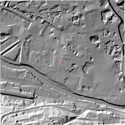 Shaded relief map of the ground around BA11UP, computed from Environment Agency LiDAR. The ground here sits at about 21 m above sea level and falls 46 m across the surrounding 800 m. Surface water reaching this point runs off ground lying to the north-north-east, 1.5 m higher.