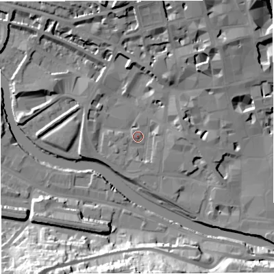 Shaded relief map of the ground around BA11US, computed from Environment Agency LiDAR. The ground here sits at about 19 m above sea level and falls 33 m across the surrounding 800 m. Surface water reaching this point runs off ground lying to the north-north-east, 12.4 m higher.