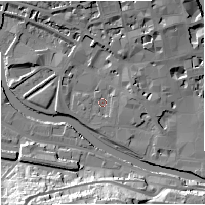 Shaded relief map of the ground around BA11UT, computed from Environment Agency LiDAR. The ground here sits at about 19 m above sea level and falls 38 m across the surrounding 800 m. Surface water reaching this point runs off ground lying to the north-north-east, 12.4 m higher.