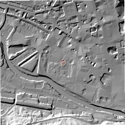 Shaded relief map of the ground around BA11UX, computed from Environment Agency LiDAR. The ground here sits at about 19 m above sea level and falls 30 m across the surrounding 800 m. Surface water reaching this point runs off ground lying to the west-south-west, 3.4 m higher.