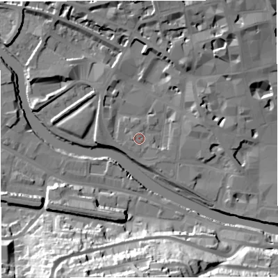 Shaded relief map of the ground around BA11XA, computed from Environment Agency LiDAR. The ground here sits at about 19 m above sea level and falls 43 m across the surrounding 800 m. Surface water reaching this point runs off ground lying to the north-east, 12.4 m higher.