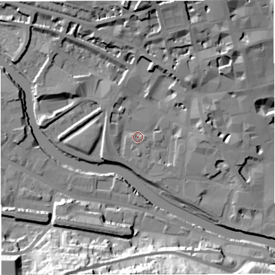 Shaded relief map of the ground around BA11XB, computed from Environment Agency LiDAR. The ground here sits at about 19 m above sea level and falls 33 m across the surrounding 800 m. Surface water reaching this point runs off ground lying to the west-south-west, 3.4 m higher.