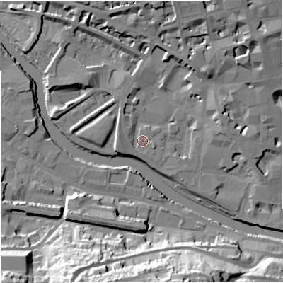 Shaded relief map of the ground around BA11XD, computed from Environment Agency LiDAR. The ground here sits at about 19 m above sea level and falls 41 m across the surrounding 800 m. Surface water reaching this point runs off ground lying to the west, 2.6 m higher.