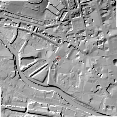 Shaded relief map of the ground around BA11XE, computed from Environment Agency LiDAR. The ground here sits at about 20 m above sea level and falls 28 m across the surrounding 800 m. Surface water reaching this point runs off ground lying to the west, 2.5 m higher.