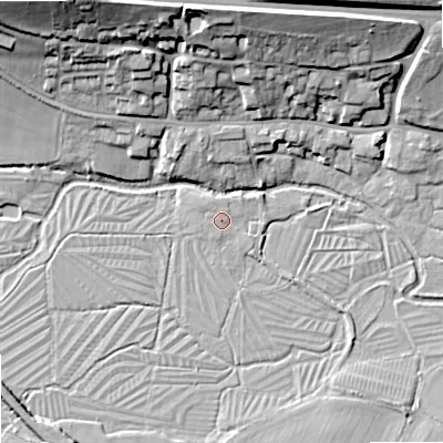 Shaded relief map of the ground around BA120EG, computed from Environment Agency LiDAR. The ground here sits at about 94 m above sea level and falls 26 m across the surrounding 800 m. Surface water reaching this point runs off ground lying to the north-north-west, 0.9 m higher.