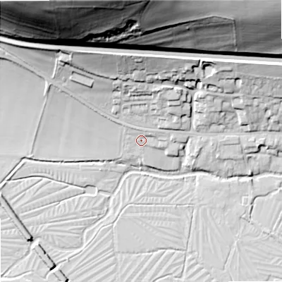 Shaded relief map of the ground around BA120EJ, computed from Environment Agency LiDAR. The ground here sits at about 97 m above sea level and falls 72 m across the surrounding 800 m. Surface water reaching this point runs off ground lying to the north, 2.9 m higher.