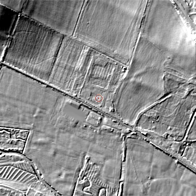 Shaded relief map of the ground around BA120FB, computed from Environment Agency LiDAR. The ground here sits at about 85 m above sea level and falls 14 m across the surrounding 800 m. Surface water reaching this point runs off ground lying to the north-west, 11.4 m higher.