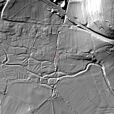 Shaded relief map of the ground around BA120HE, computed from Environment Agency LiDAR. The ground here sits at about 91 m above sea level and falls 41 m across the surrounding 800 m. Surface water reaching this point runs off ground lying to the east-north-east, 15.5 m higher.