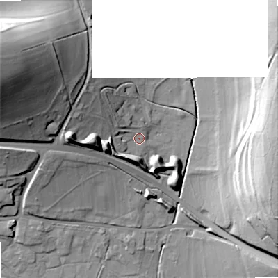 Shaded relief map of the ground around BA120HG, computed from Environment Agency LiDAR. The ground here sits at about 96 m above sea level and falls 42 m across the surrounding 800 m. Surface water reaching this point runs off ground lying to the west, 15.7 m higher.