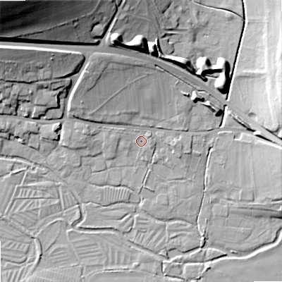 Shaded relief map of the ground around BA120HQ, computed from Environment Agency LiDAR. The ground here sits at about 93 m above sea level and falls 44 m across the surrounding 800 m. Surface water reaching this point runs off ground lying to the north-north-west, 10.0 m higher.