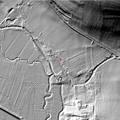 Shaded relief map of the ground around BA120JP, computed from Environment Agency LiDAR. The ground here sits at about 90 m above sea level and falls 70 m across the surrounding 800 m. Surface water reaching this point runs off ground lying to the north-east, 65.8 m higher.