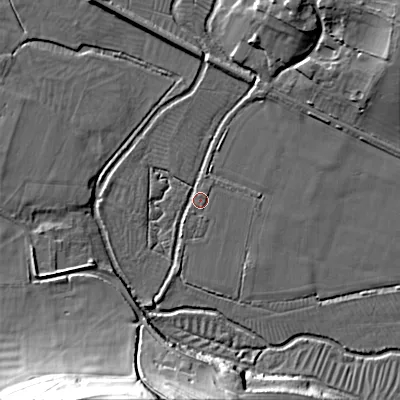 Shaded relief map of the ground around BA120JR, computed from Environment Agency LiDAR. The ground here sits at about 86 m above sea level and falls 38 m across the surrounding 800 m. Surface water reaching this point runs off ground lying to the north-north-east, 3.5 m higher.