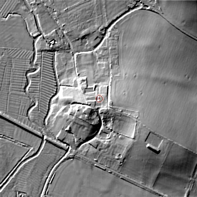 Shaded relief map of the ground around BA120JW, computed from Environment Agency LiDAR. The ground here sits at about 95 m above sea level and falls 28 m across the surrounding 800 m. Surface water reaching this point runs off ground lying to the south-east, 3.4 m higher.