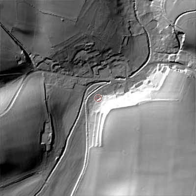 Shaded relief map of the ground around BA120LD, computed from Environment Agency LiDAR. The ground here sits at about 95 m above sea level and falls 49 m across the surrounding 800 m. Surface water reaching this point runs off ground lying to the south-east, 43.1 m higher.