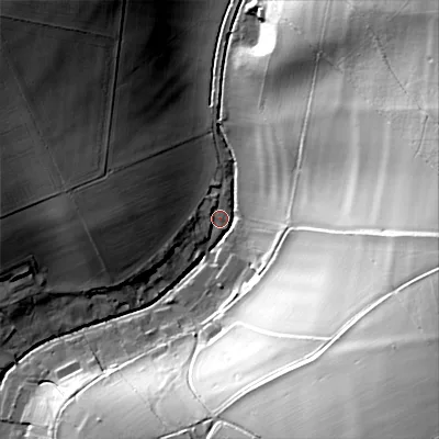 Shaded relief map of the ground around BA120LF, computed from Environment Agency LiDAR. The ground here sits at about 97 m above sea level and falls 56 m across the surrounding 800 m. Surface water reaching this point runs off ground lying to the east, 46.4 m higher.