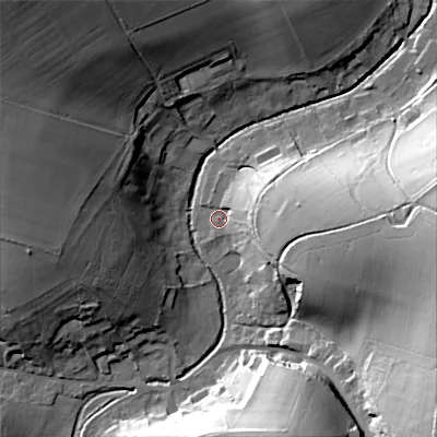 Shaded relief map of the ground around BA120LG, computed from Environment Agency LiDAR. The ground here sits at about 96 m above sea level and falls 34 m across the surrounding 800 m. Surface water reaching this point runs off ground lying to the east, 21.2 m higher.