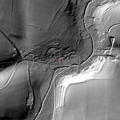 Shaded relief map of the ground around BA120LJ, computed from Environment Agency LiDAR. The ground here sits at about 96 m above sea level and falls 43 m across the surrounding 800 m. Surface water reaching this point runs off ground lying to the north-north-west, 11.0 m higher.