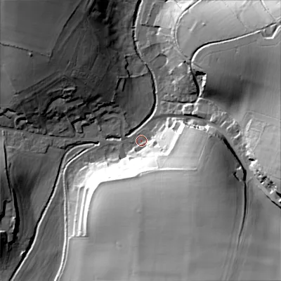 Shaded relief map of the ground around BA120LL, computed from Environment Agency LiDAR. The ground here sits at about 95 m above sea level and falls 45 m across the surrounding 800 m. Surface water reaching this point runs off ground lying to the south-south-east, 43.3 m higher.