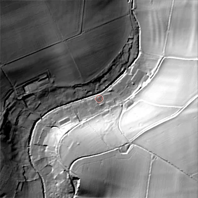 Shaded relief map of the ground around BA120LQ, computed from Environment Agency LiDAR. The ground here sits at about 97 m above sea level and falls 52 m across the surrounding 800 m. Surface water reaching this point runs off ground lying to the east-south-east, 50.6 m higher.