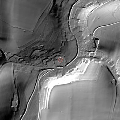 Shaded relief map of the ground around BA120LR, computed from Environment Agency LiDAR. The ground here sits at about 96 m above sea level and falls 42 m across the surrounding 800 m. Surface water reaching this point runs off ground lying to the north-west, 23.0 m higher.
