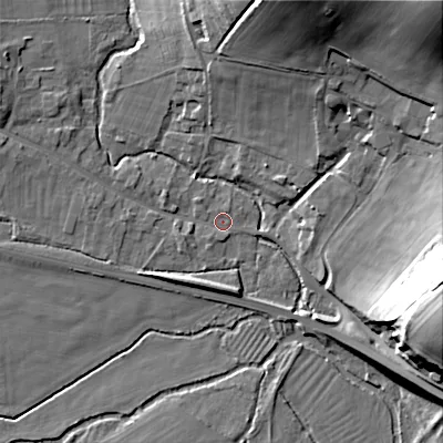 Shaded relief map of the ground around BA120NA, computed from Environment Agency LiDAR. The ground here sits at about 80 m above sea level and falls 45 m across the surrounding 800 m. Surface water reaching this point runs off ground lying to the west-north-west, 4.3 m higher.