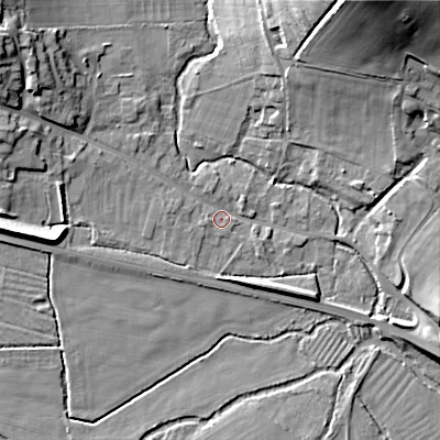 Shaded relief map of the ground around BA120NB, computed from Environment Agency LiDAR. The ground here sits at about 80 m above sea level and falls 30 m across the surrounding 800 m. Surface water reaching this point runs off ground lying to the north-west, 14.2 m higher.