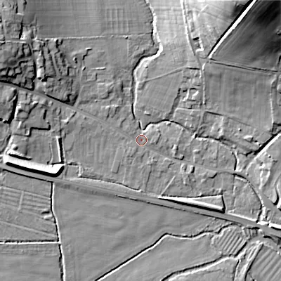 Shaded relief map of the ground around BA120ND, computed from Environment Agency LiDAR. The ground here sits at about 81 m above sea level and falls 37 m across the surrounding 800 m. Surface water reaching this point runs off ground lying to the west-north-west, 14.2 m higher.