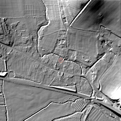 Shaded relief map of the ground around BA120PF, computed from Environment Agency LiDAR. The ground here sits at about 80 m above sea level and falls 44 m across the surrounding 800 m. Surface water reaching this point runs off ground lying to the north-north-east, 36.5 m higher.