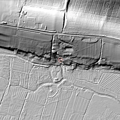 Shaded relief map of the ground around BA120PZ, computed from Environment Agency LiDAR. The ground here sits at about 78 m above sea level and falls 32 m across the surrounding 800 m. Surface water reaching this point runs off ground lying to the north-north-west, 24.7 m higher.