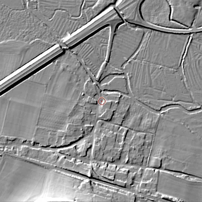 Shaded relief map of the ground around BA120QP, computed from Environment Agency LiDAR. The ground here sits at about 73 m above sea level and falls 24 m across the surrounding 800 m. Surface water reaching this point runs off ground lying to the west-south-west, 2.1 m higher.