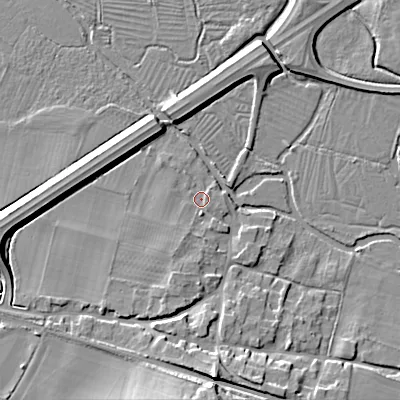 Shaded relief map of the ground around BA120QU, computed from Environment Agency LiDAR. The ground here sits at about 74 m above sea level and falls 15 m across the surrounding 800 m. Surface water reaching this point runs off ground lying to the south-south-west, 1.8 m higher.