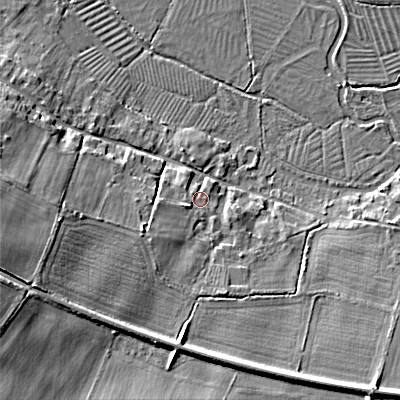 Shaded relief map of the ground around BA120SE, computed from Environment Agency LiDAR. The ground here sits at about 80 m above sea level and falls 16 m across the surrounding 800 m. Surface water reaching this point runs off ground lying to the west-south-west, 3.9 m higher.