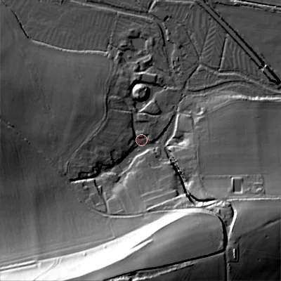 Shaded relief map of the ground around BA120SN, computed from Environment Agency LiDAR. The ground here sits at about 82 m above sea level and falls 49 m across the surrounding 800 m. Surface water reaching this point runs off ground lying to the south-south-west, 46.7 m higher.