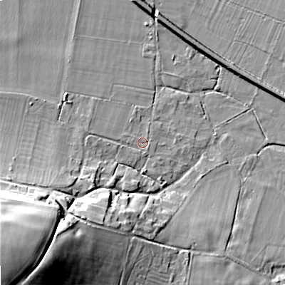 Shaded relief map of the ground around BA120SZ, computed from Environment Agency LiDAR. The ground here sits at about 91 m above sea level and falls 49 m across the surrounding 800 m. Surface water reaching this point runs off ground lying to the west, 2.5 m higher.