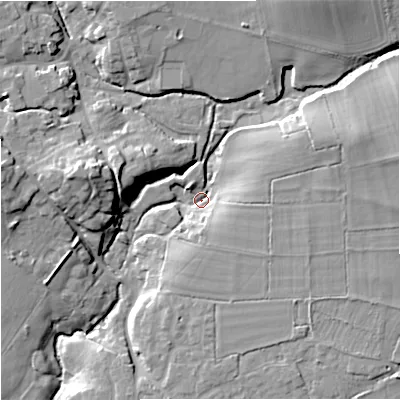 Shaded relief map of the ground around BA126DA, computed from Environment Agency LiDAR. The ground here sits at about 95 m above sea level and falls 17 m across the surrounding 800 m. Surface water reaching this point runs off ground lying to the west-north-west, 13.1 m higher.