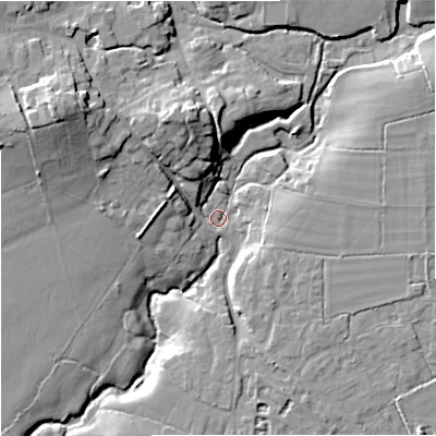 Shaded relief map of the ground around BA126DB, computed from Environment Agency LiDAR. The ground here sits at about 94 m above sea level and falls 21 m across the surrounding 800 m. Surface water reaching this point runs off ground lying to the north-west, 16.8 m higher.