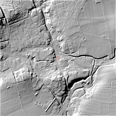 Shaded relief map of the ground around BA126DY, computed from Environment Agency LiDAR. The ground here sits at about 99 m above sea level and falls 26 m across the surrounding 800 m. Surface water reaching this point runs off ground lying to the north-west, 21.3 m higher.