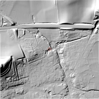 Shaded relief map of the ground around BA126ED, computed from Environment Agency LiDAR. The ground here sits at about 102 m above sea level and falls 65 m across the surrounding 800 m. Surface water reaching this point runs off ground lying to the west-south-west, 15.4 m higher.