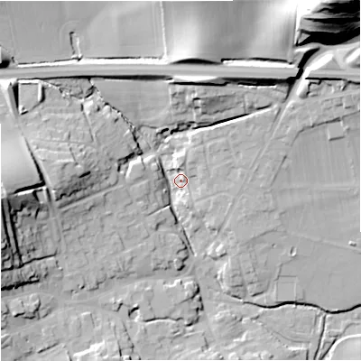 Shaded relief map of the ground around BA126EE, computed from Environment Agency LiDAR. The ground here sits at about 102 m above sea level and falls 62 m across the surrounding 800 m. Surface water reaching this point runs off ground lying to the west, 19.0 m higher.