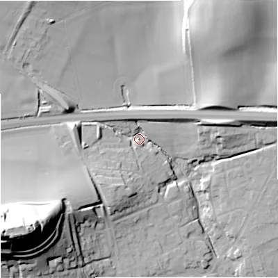 Shaded relief map of the ground around BA126EH, computed from Environment Agency LiDAR. The ground here sits at about 104 m above sea level and falls 65 m across the surrounding 800 m. Surface water reaching this point runs off ground lying to the south-west, 61.3 m higher.