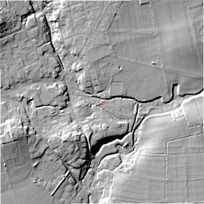 Shaded relief map of the ground around BA126EN, computed from Environment Agency LiDAR. The ground here sits at about 99 m above sea level and falls 21 m across the surrounding 800 m. Surface water reaching this point runs off ground lying to the north-west, 16.4 m higher.