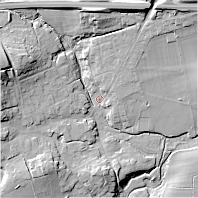 Shaded relief map of the ground around BA126ES, computed from Environment Agency LiDAR. The ground here sits at about 100 m above sea level and falls 27 m across the surrounding 800 m. Surface water reaching this point runs off ground lying to the west-north-west, 21.7 m higher.