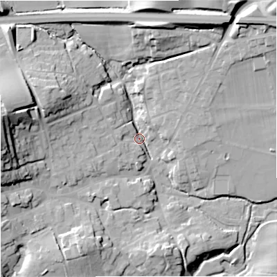 Shaded relief map of the ground around BA126HD, computed from Environment Agency LiDAR. The ground here sits at about 101 m above sea level and falls 31 m across the surrounding 800 m. Surface water reaching this point runs off ground lying to the west-north-west, 25.0 m higher.