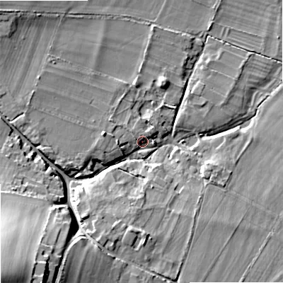 Shaded relief map of the ground around BA127AL, computed from Environment Agency LiDAR. The ground here sits at about 102 m above sea level and falls 30 m across the surrounding 800 m. Surface water reaching this point runs off ground lying to the west, 4.8 m higher.