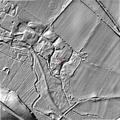 Shaded relief map of the ground around BA127BB, computed from Environment Agency LiDAR. The ground here sits at about 99 m above sea level and falls 18 m across the surrounding 800 m. Surface water reaching this point runs off ground lying to the north-west, 1.4 m higher.