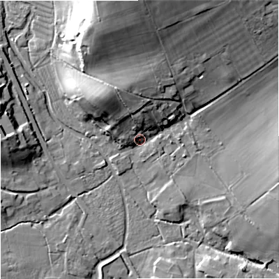 Shaded relief map of the ground around BA127DS, computed from Environment Agency LiDAR. The ground here sits at about 118 m above sea level and falls 24 m across the surrounding 800 m. Surface water reaching this point runs off ground lying to the north, 21.2 m higher.