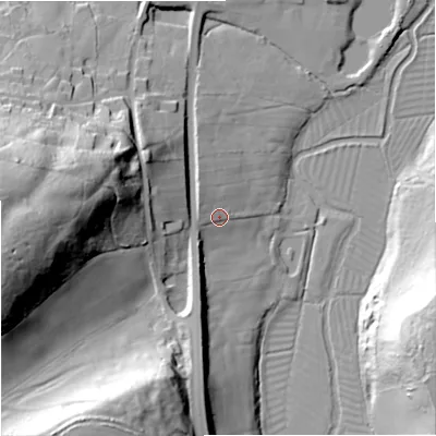 Shaded relief map of the ground around BA127DU, computed from Environment Agency LiDAR. The ground here sits at about 121 m above sea level and falls 52 m across the surrounding 800 m. Surface water reaching this point runs off ground lying to the west, 3.7 m higher.